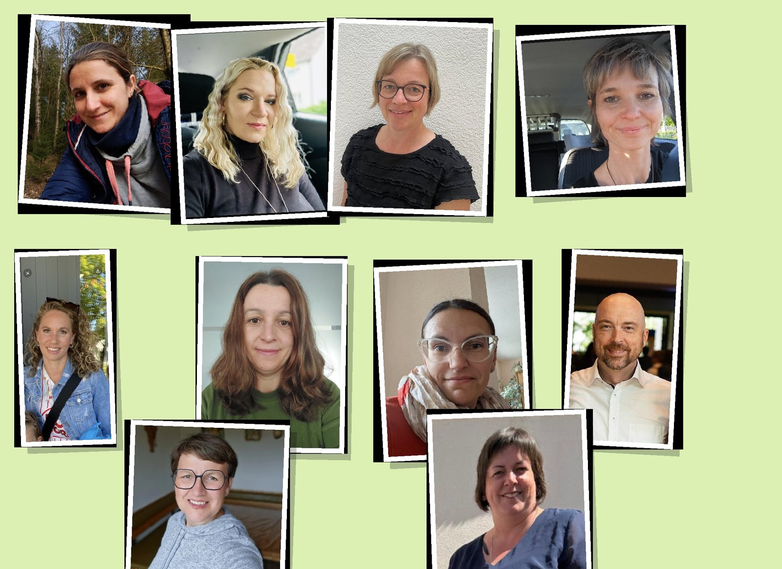 Collage aus 11 Polaroid-artigen Portr�ts der Elternbeiratsmitglieder auf gr�nem Hintergrund